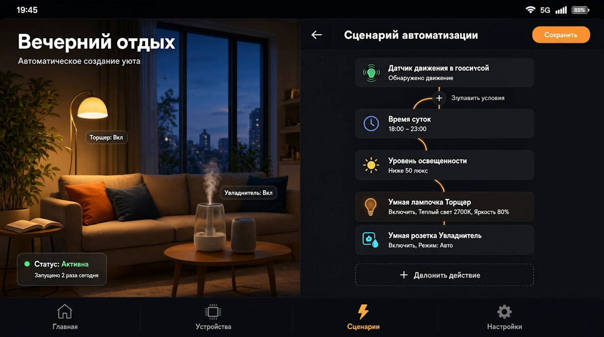 Человек настраивает сценарий умного дома в приложении на смартфоне: на экране иконки датчика движения и умной лампочки, соединённые условием автоматизации, на фоне вечерняя гостиная